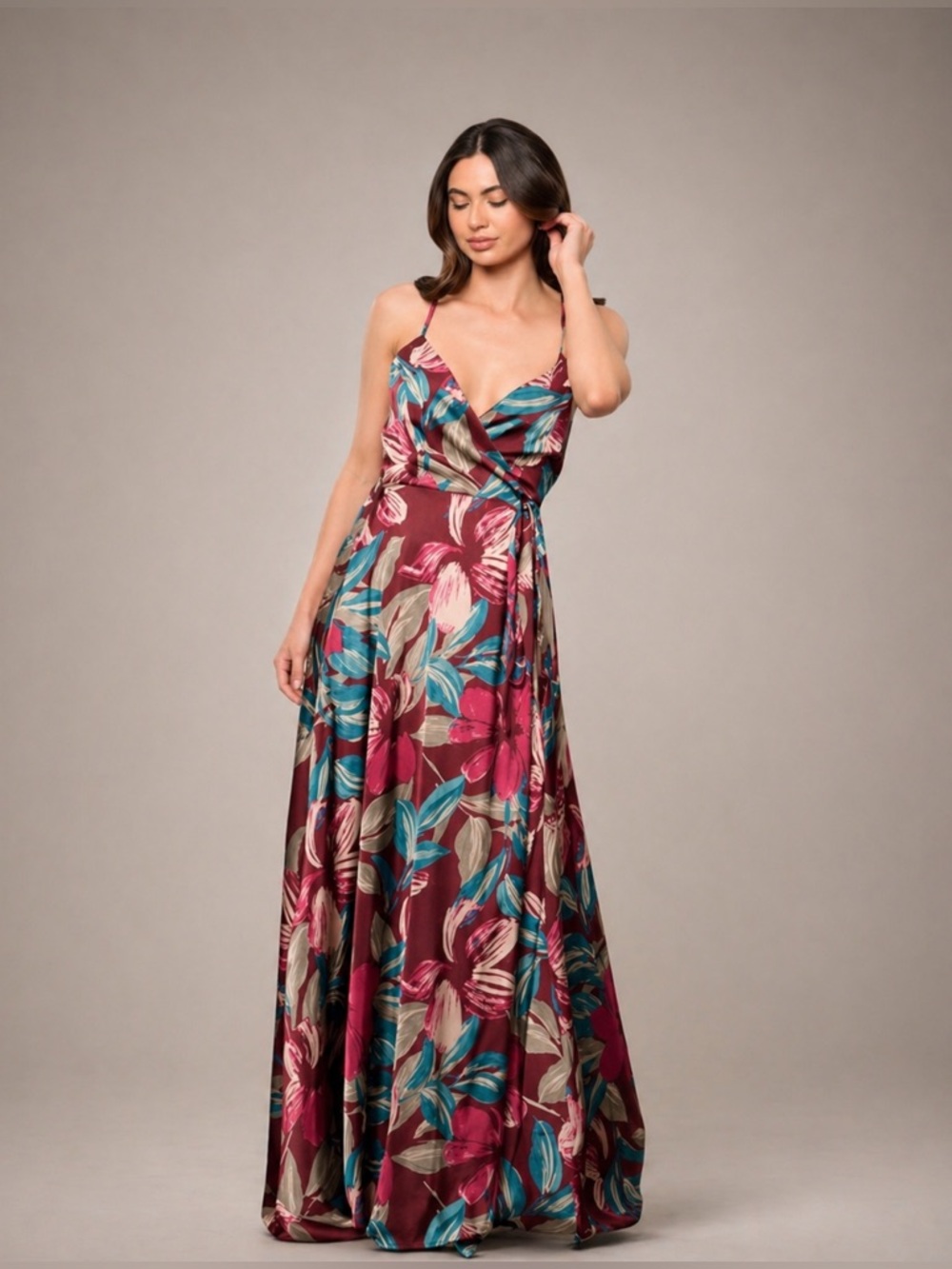 OPEN BACK WINE COLOR FLORAL WRAP MAXI DRESS